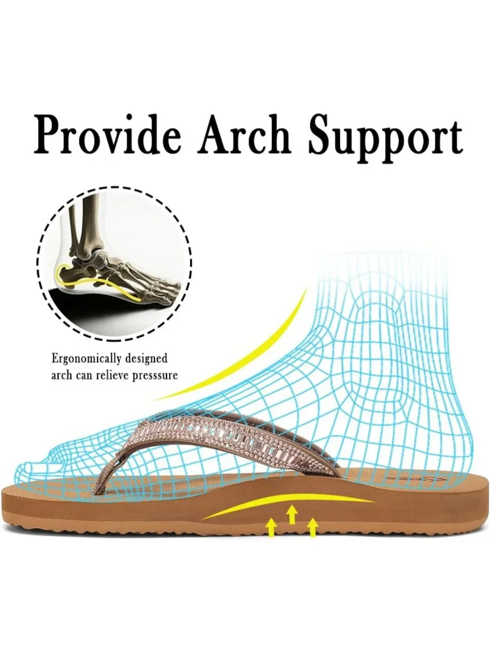 Women's Khaki Summer Comfortable Flip Flops with Rhinestone Beach Thong Sandals